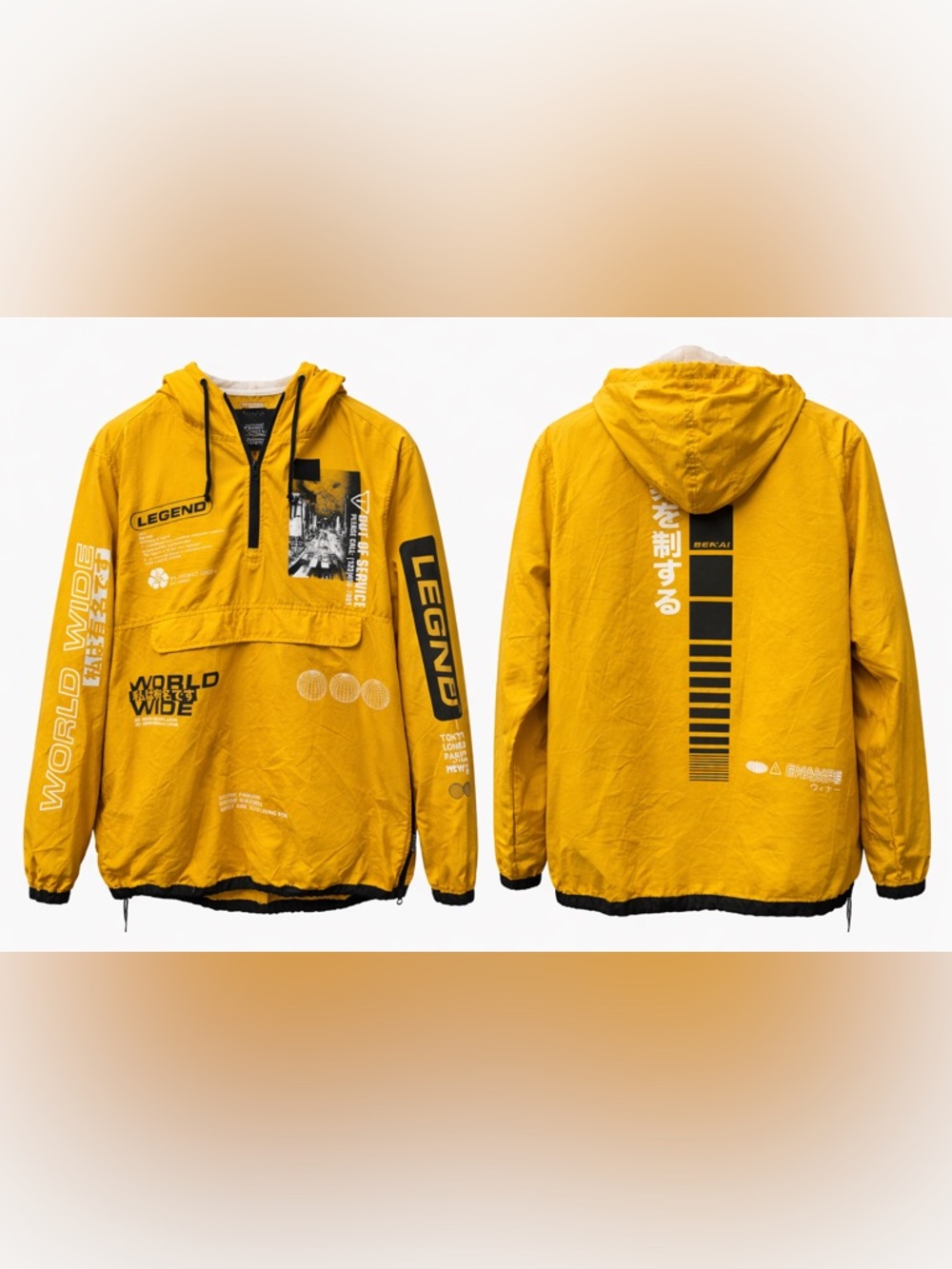 Champs Windbreaker Jacket Mens Yellow Hooded Sekai Graphic Streetwear men’s Med